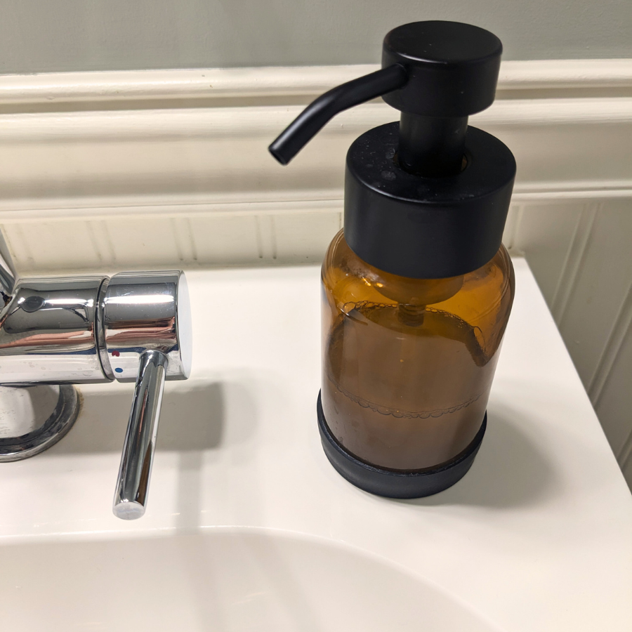 Refillable Foaming Soap Dispenser. Amber Glass with Silicone Base