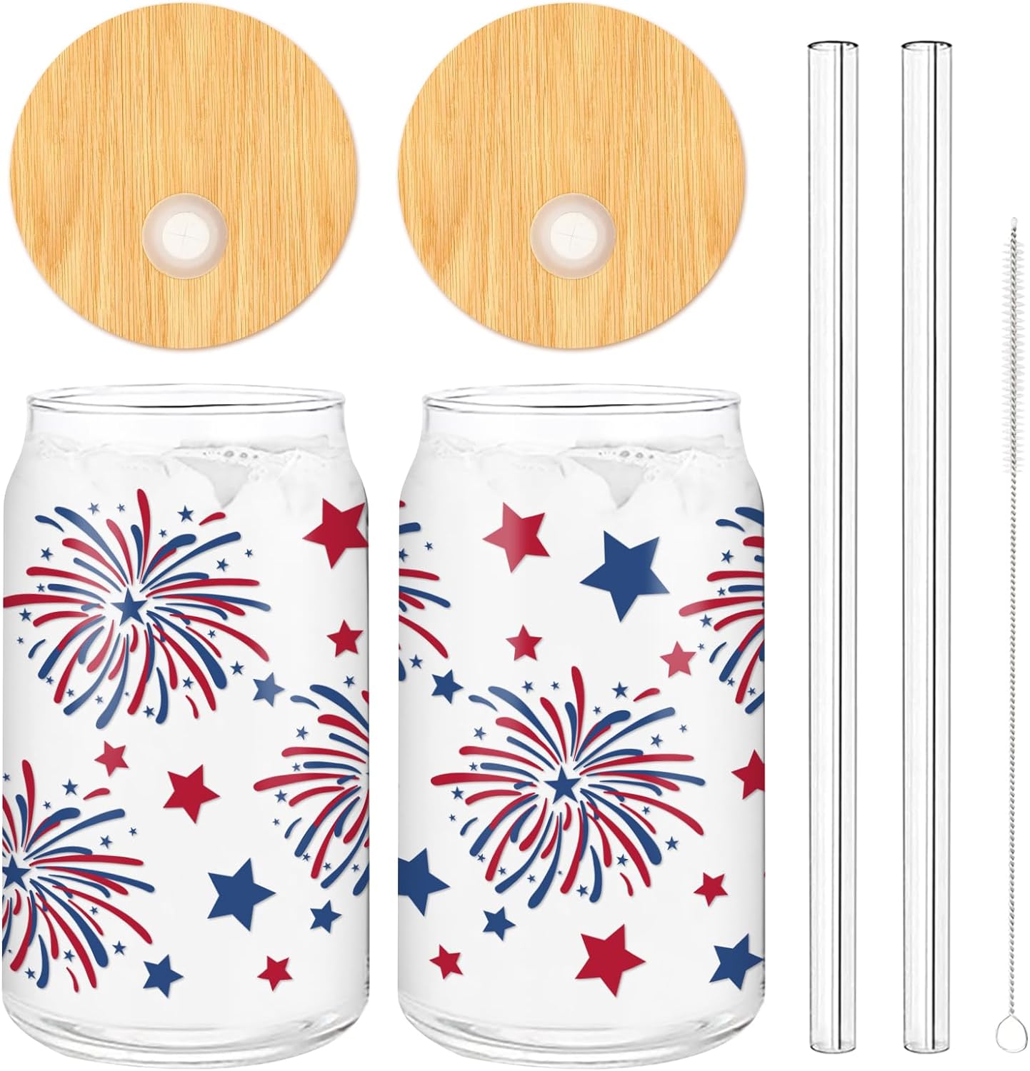 Drinking Glasses | Patriotic Red, Blue & Star Firework Design, 16oz, 2 Pack