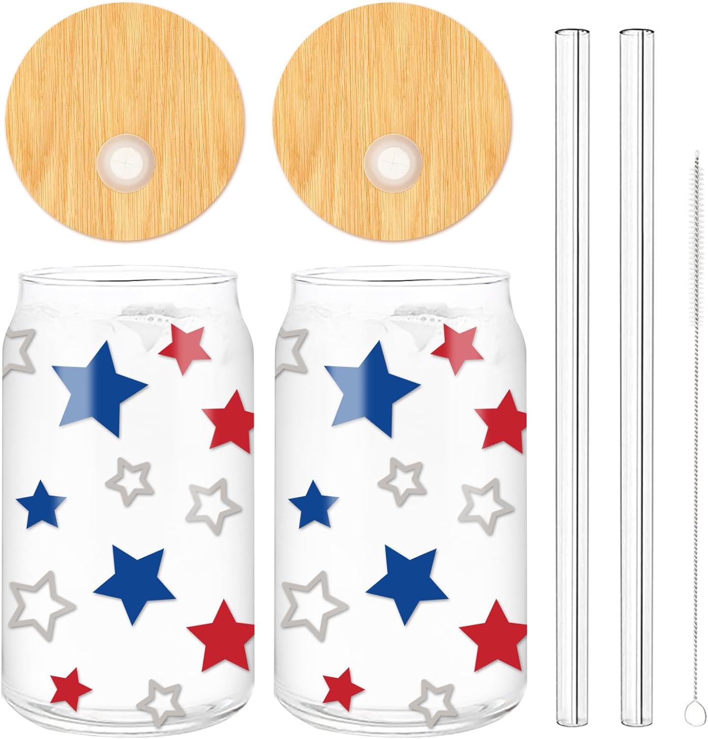 Drinking Glasses | 16 oz, Set of 2, Bamboo Lids & Straws, 4th of July Design