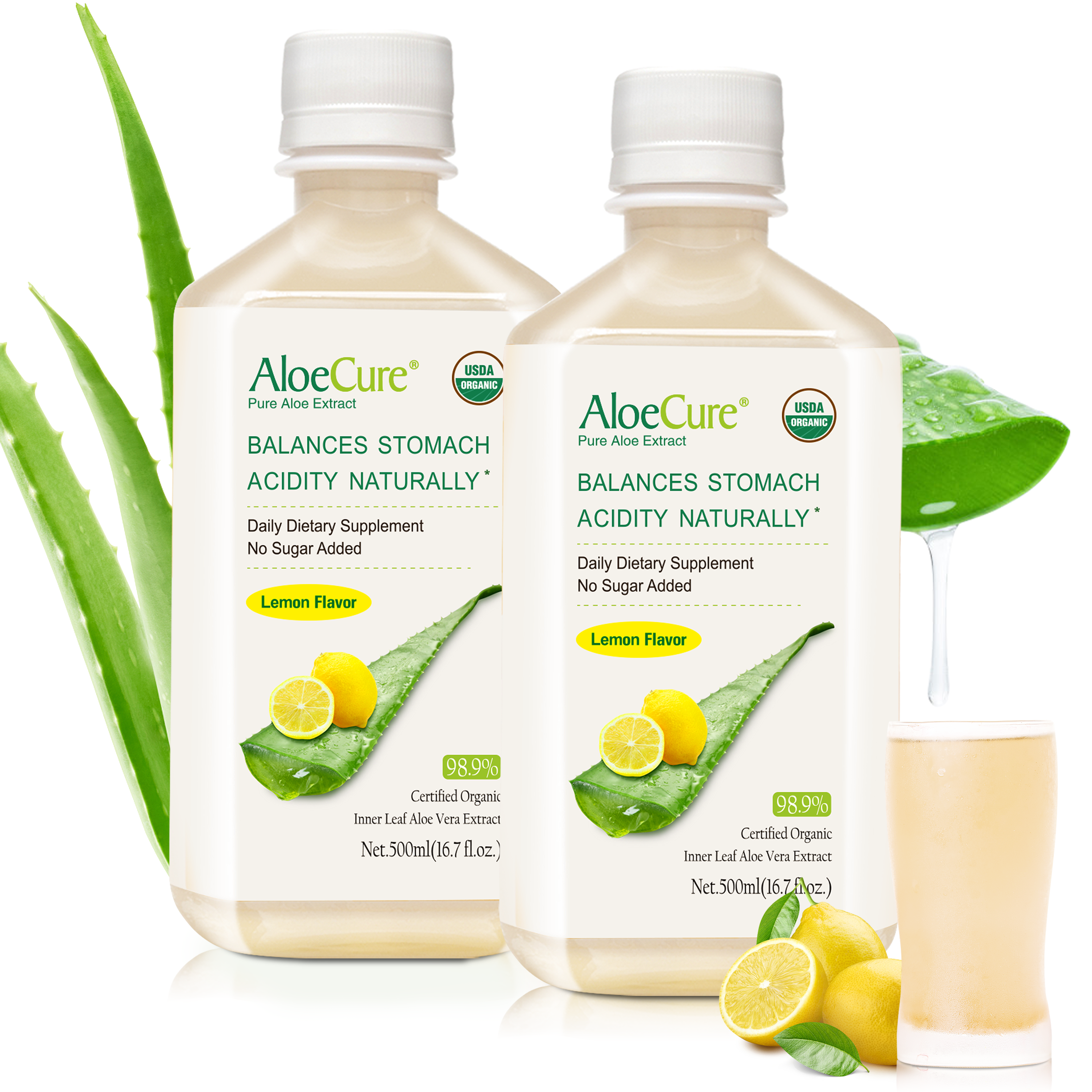 Pure Aloe Vera Juice Lemon Flavor - USDA Certified Organic