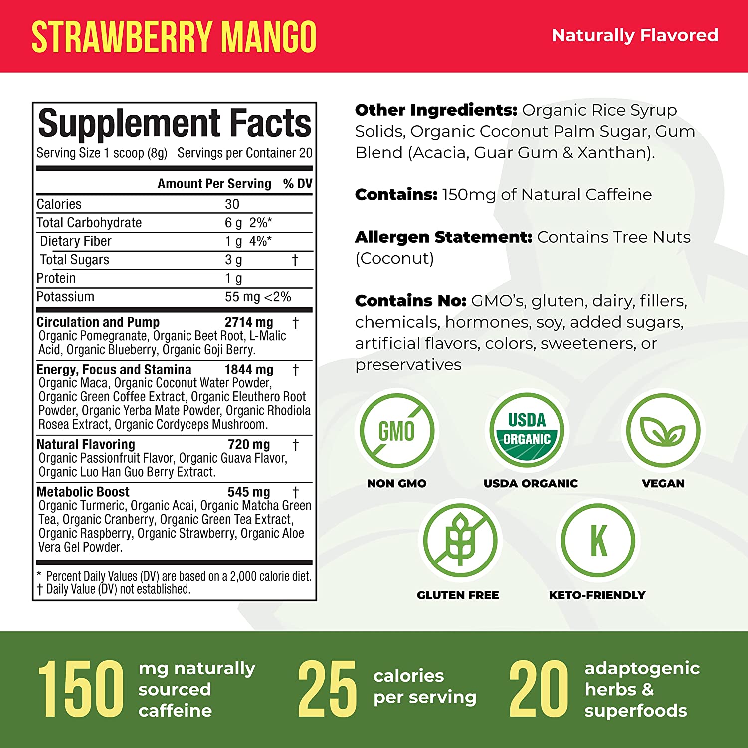 Organic Pre-Workout Powder - Strawberry Mango - 20 Servings
