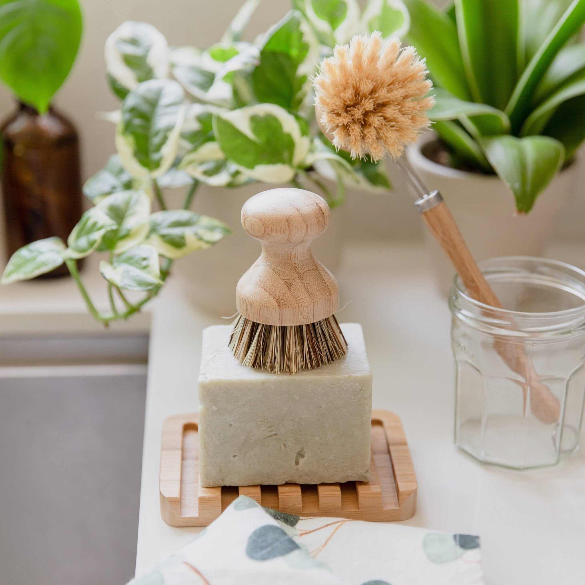 Sustainable Kitchen Bundle: Solid Dish Soap, Waterfall Soap Dish, Sisal Cleaning Brush, Pot Scrubber